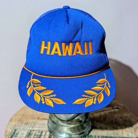 Vintage Hawaii Trucker Hat – 1980s Foam Front Snapback – Blue & Gold - Picture 1 of 5